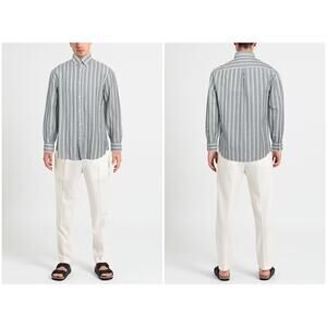 Brunello Cucinelli Men's Linen Button Front Green Stripe Shirt Size Medium NEW